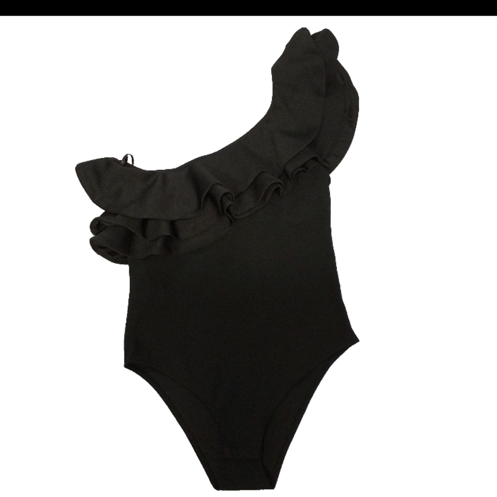H&M One-Shoulder Black Ruffle Bodysuit Elegant Stretch Top Sz S NWOT